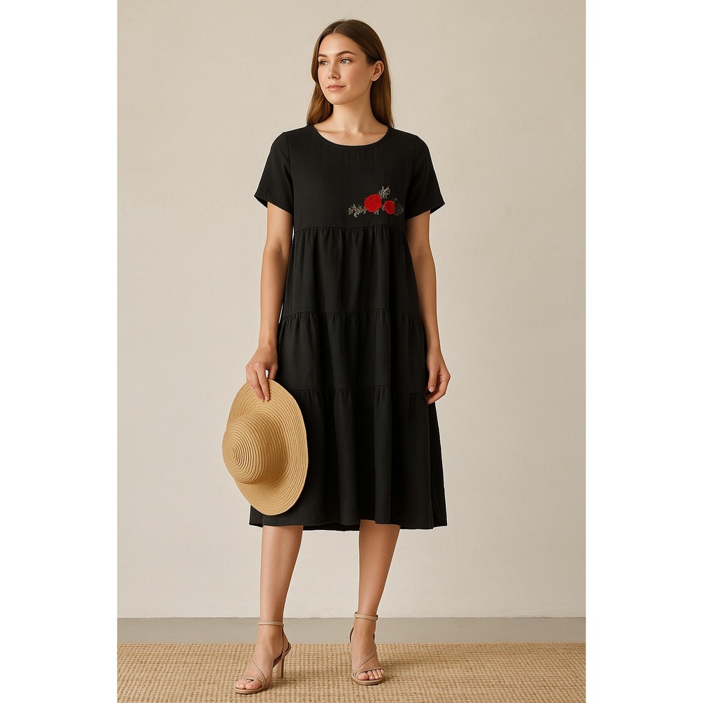Belongyun‎ Linen Midi Dress Embroidered Floral Tiered Short Sleeve Black Casual
